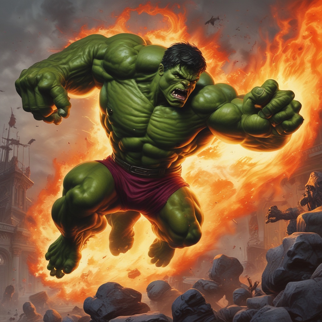 Hulk jumping towards fiery enemy